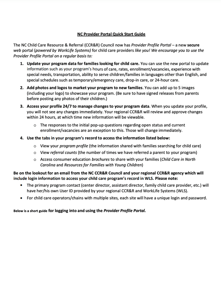 NC CCR&R Provider Portal Quick Start Guide CCR&R Council